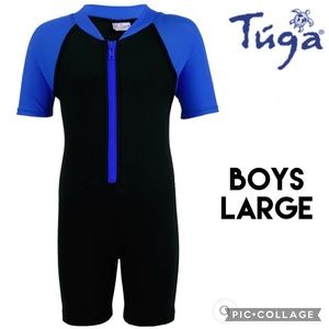 TUGA Boys Wetsuit Black Blue 1mm Neoprene Short Sleeve 1/2 Zip 50 UPF+ Youth L